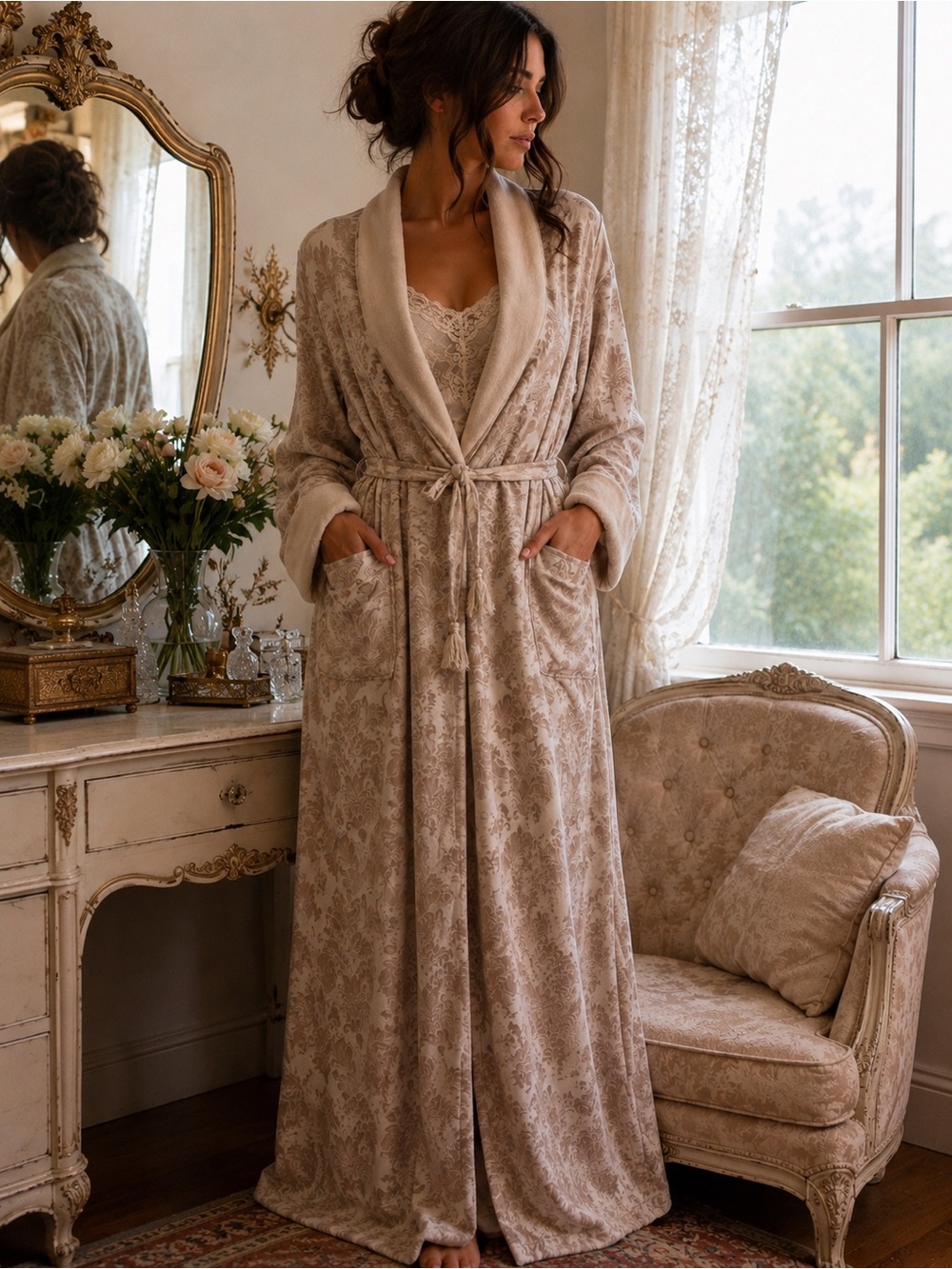 RARE VTG 80s Victoria's Secret Gold Label Damask Jacquard Terry Lined Maxi Robe